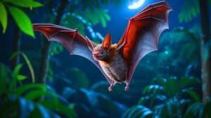 Illustration of fringe-lipped bats hunting in the forests of Panama using their unique hang-and-wait strategy.