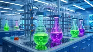Illustration of a breakthrough catalyst converting carbon dioxide into eco-friendly fuel components.