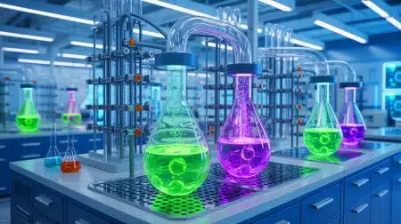 Illustration of a breakthrough catalyst converting carbon dioxide into eco-friendly fuel components.