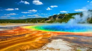 Illustration of microbial life beneath Yellowstone National Park recharged by seismic activity.