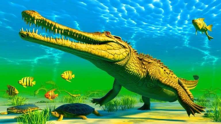 Ancient Egyptian Crocodile Discovery Challenges Our Understanding of Evolution, Revealing New Insights Into Prehistoric Life Illustration of an ancient crocodile species, Wadisuchus kassabi, in a marine environment during the Late Cretaceous period.