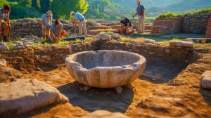 Ancient Roman Basin Unearthed Near Rome Reveals Hidden History, Shedding Light on 2,000 Years of Mystery Illustration of the newly unearthed Roman basin in the ancient city of Gabii, showcasing early Roman architecture.