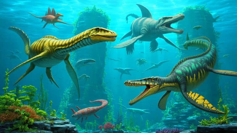 Illustration of ancient marine super predators dominating the complex food chains of the Cretaceous period.