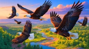Bald Eagles’ Unusual Migration Patterns Challenge Scientists, Offering New Insights Into Nature’s Mysteries Illustration of Bald Eagles migrating northward from Arizona, challenging traditional migratory patterns.
