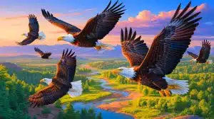 Bald Eagles’ Unusual Migration Patterns Challenge Scientists, Offering New Insights Into Nature’s Mysteries Illustration of Bald Eagles migrating northward from Arizona, challenging traditional migratory patterns.