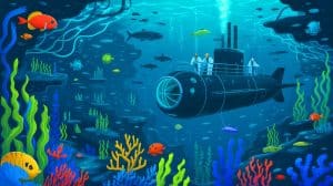 Illustration of researchers exploring deep ocean carbon fixation processes.