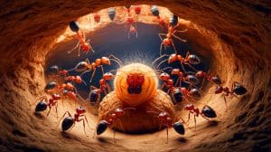Illustration of an ant colony demonstrating self-sacrificial behavior to protect against disease.