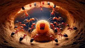 Illustration of an ant colony demonstrating self-sacrificial behavior to protect against disease.