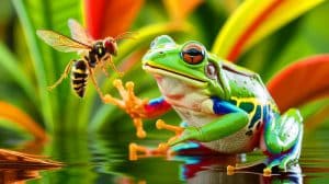 Illustration of a frog preying on a hornet, showcasing its remarkable venom resistance.