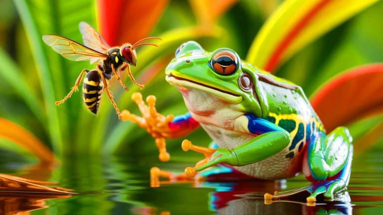 Illustration of a frog preying on a hornet, showcasing its remarkable venom resistance.