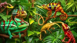 Illustration of chameleons with elongated snouts highlighting their evolutionary diversity.