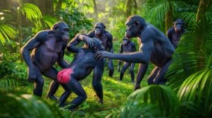 Illustration of male bonobos interpreting female fertility signals in the rainforest.