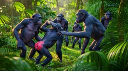 Illustration of male bonobos interpreting female fertility signals in the rainforest.