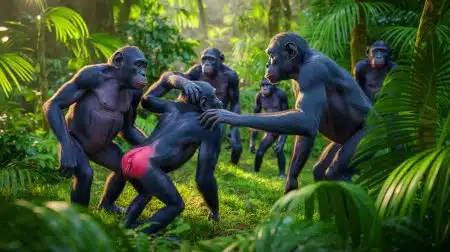 Male Bonobos’ Secretive Clues Could Transform Mating Dynamics, Offering New Insights into Primate Behavior Illustration of male bonobos interpreting female fertility signals in the rainforest.