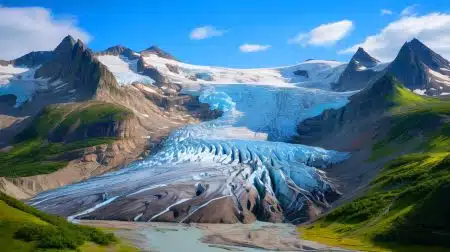 Illustration of glaciers retreating due to rising global temperatures.