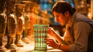 Illustration of Hallie Meredith examining a Roman glass cage cup at the Metropolitan Museum of Art.