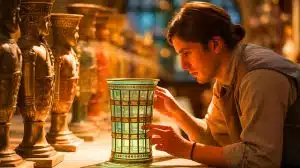 Illustration of Hallie Meredith examining a Roman glass cage cup at the Metropolitan Museum of Art.