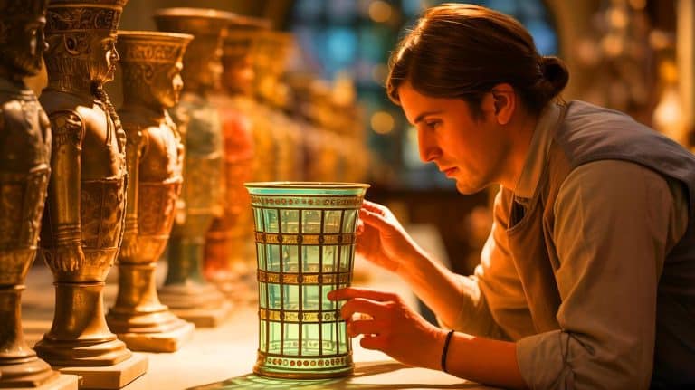 Roman Glass Discovery Reveals 1,500-Year-Old Secret, Shedding Light on Ancient Craftsmanship and Cultural History Illustration of Hallie Meredith examining a Roman glass cage cup at the Metropolitan Museum of Art.