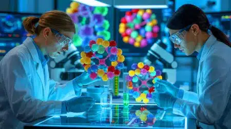 Scientists Reveal Intricate Details Inside DNA Droplets, Offering New Insights Into Genetic Processes and Human Health Illustration of scientists capturing detailed images of DNA droplets for genetic research.