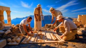 Scientists Reveal Surprising Timeline for Ancient Egypt, Challenging Long-Held Beliefs and Illuminating Historical Mysteries Illustration of researchers analyzing Egyptian artifacts to date the Santorini eruption.