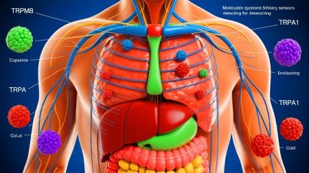Illustration of the body's distinct molecular systems for detecting cold on the skin and internally.