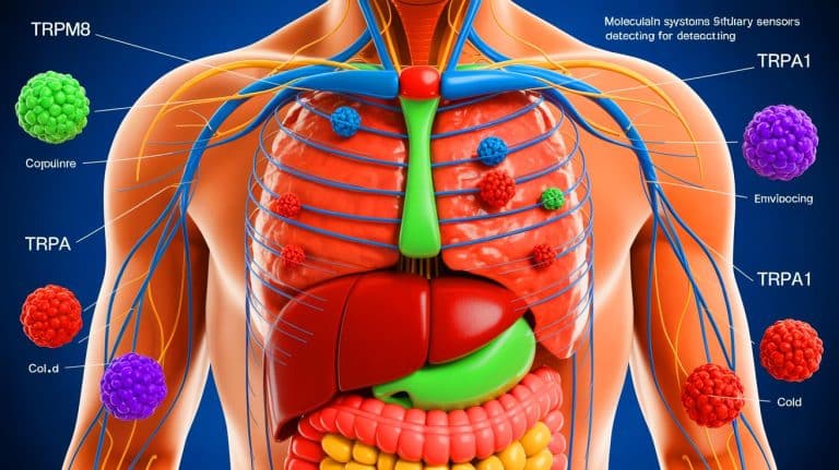 Illustration of the body's distinct molecular systems for detecting cold on the skin and internally.