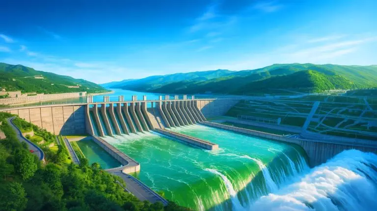 Illustration of the Three Gorges Dam in China potentially affecting Earth's rotation. Image generated by AI.
