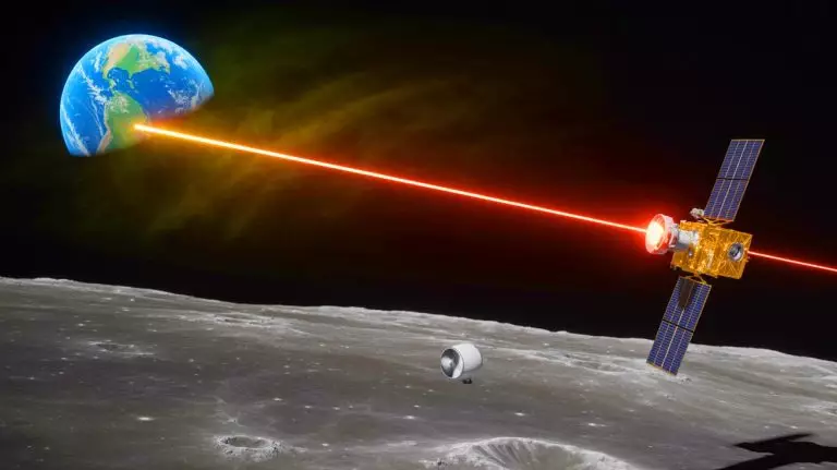 Illustration of a laser being fired at a Moon-orbiting satellite in broad daylight. Image generated by AI.