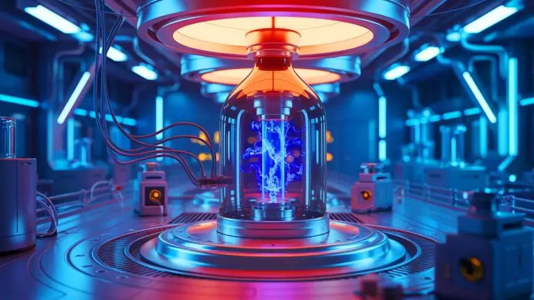 Illustration of a bottle-shaped nuclear fusion reactor design by Realta Fusion. Image generated by AI.