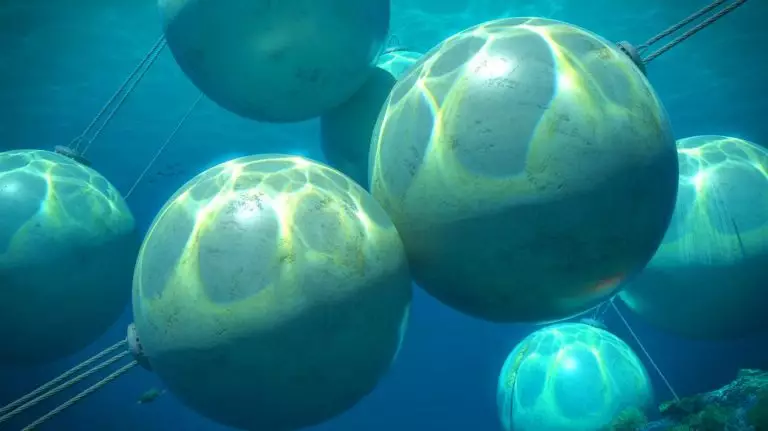 Illustration of underwater concrete spheres used for solar energy storage. Image generated by AI.