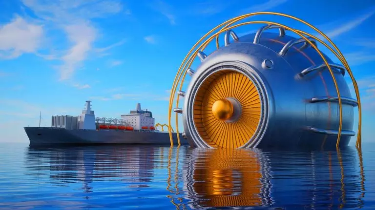 Illustration of a next-generation liquid lead-cooled nuclear reactor designed for maritime energy applications. Image generated by AI.