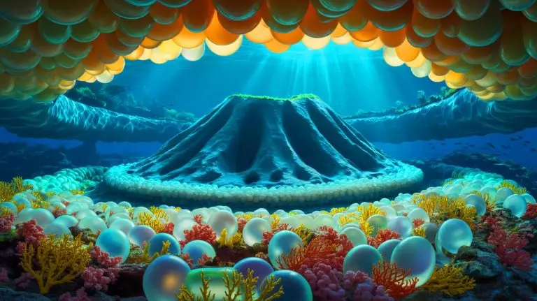 Illustration of an underwater volcano nurturing millions of giant eggs in a marine ecosystem. Image generated by AI.