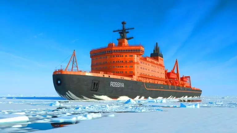 Illustration of the ‘Rossiya’ nuclear icebreaker powered by the RITM-400 reactor navigating Arctic waters. Image generated by AI.