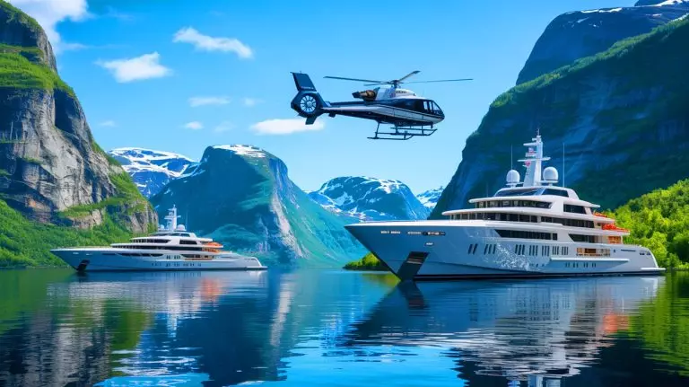 Illustration of Mark Zuckerberg's luxurious heliskiing adventure in Norway using superyachts. Image generated by AI.