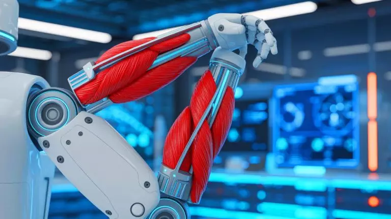 Illustration of a self-healing artificial muscle inspired by biomimicry. Image generated by AI.