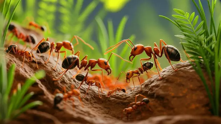 Illustration of ants demonstrating eusociality in a natural environment. Image generated by AI.